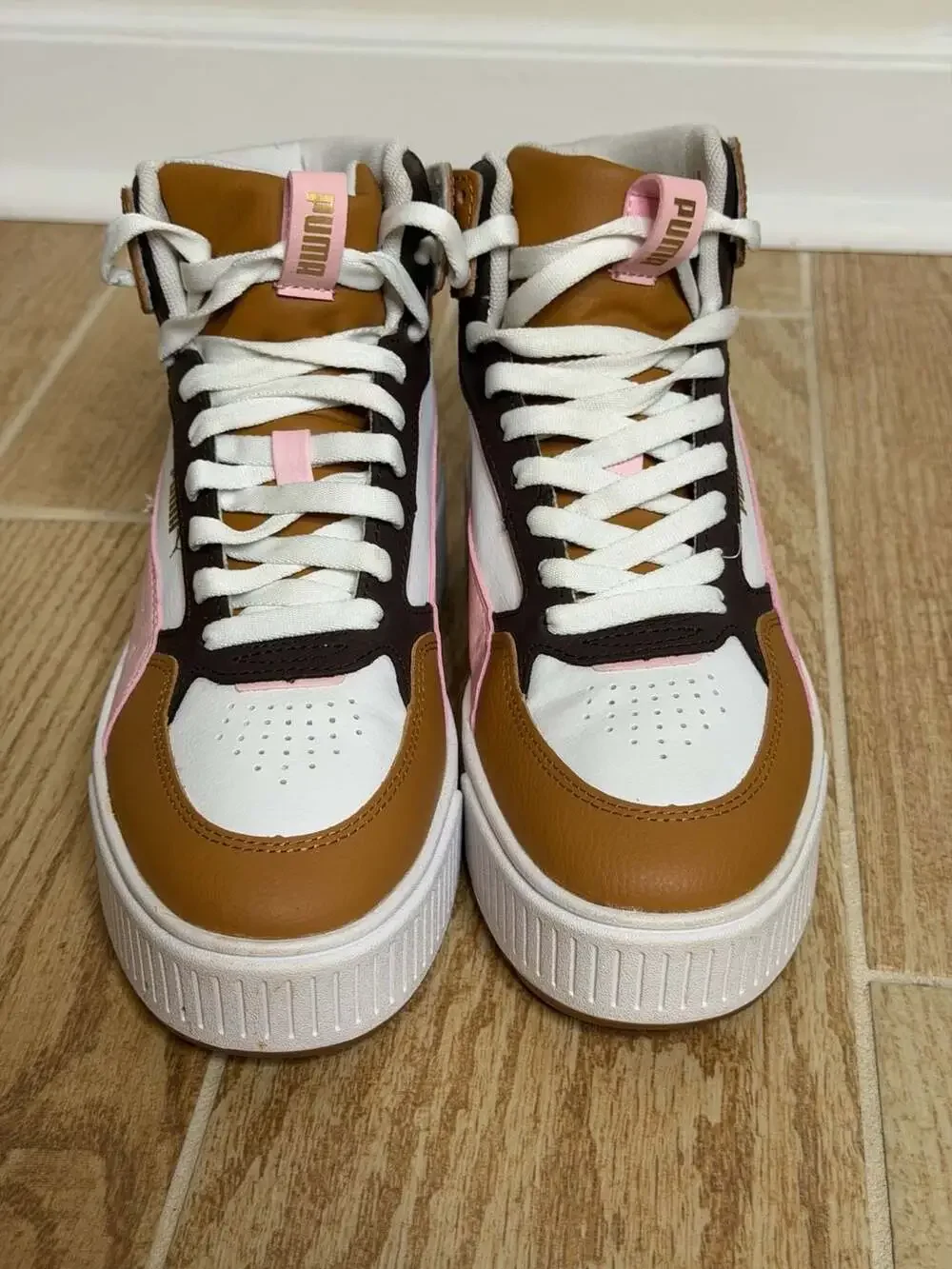 Puma Karmen Mid High Top Platform Sneakers White Blossom Dark Chocolate 6.5